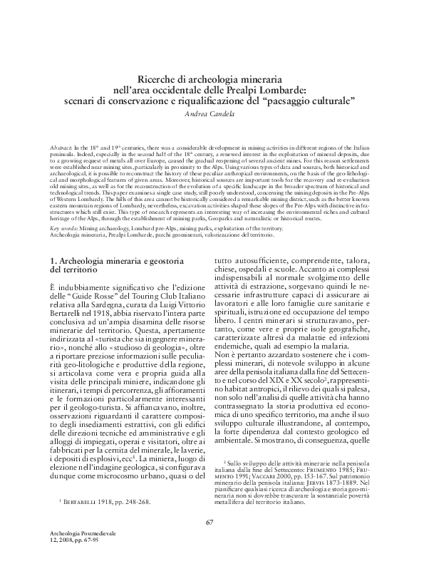 Ricerche di archeologia mineraria nell’area occidentale delle Prealpi Lombarde: scenari di conservazione e riqualificazione del “paesaggio culturale” (full paper)