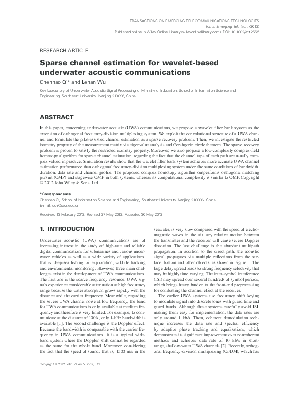 (PDF) Sparse channel estimation for wavelet‐based underwater acoustic ...