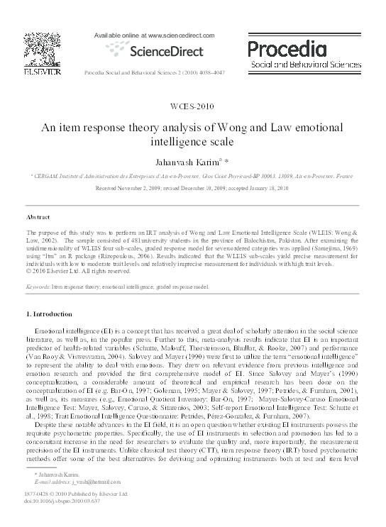 (PDF) An item response theory analysis of Wong and Law emotional ...