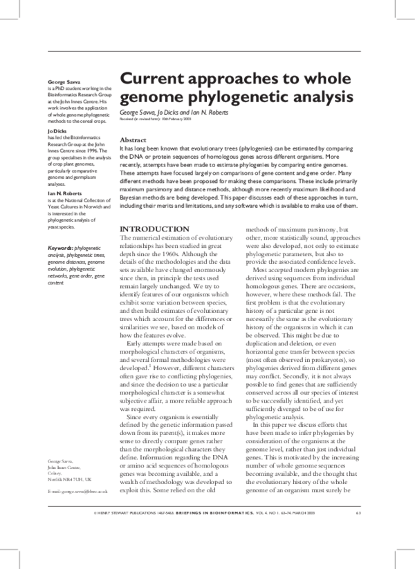 (PDF) Current approaches to whole genome phylogenetic analysis