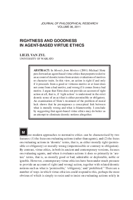 (PDF) Rightness and goodness in agent-based virtue ethics