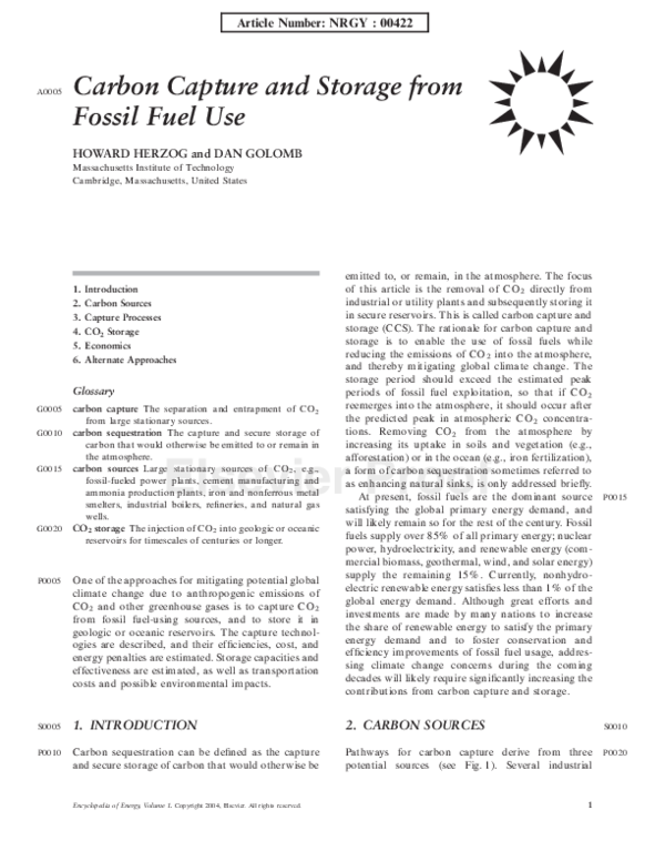 (PDF) Carbon capture and storage from fossil fuel use