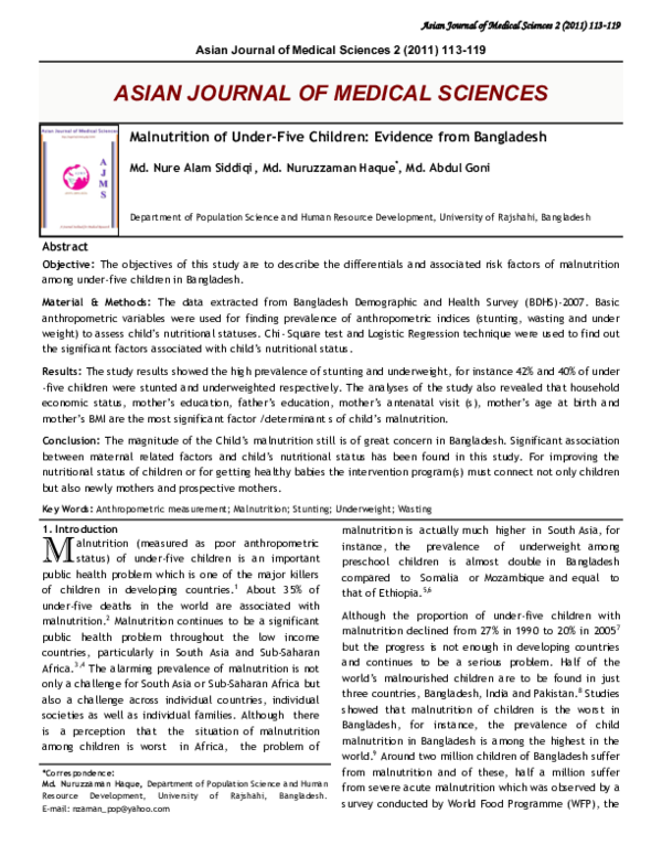 Pdf Malnutrition Of Under Five Children Evidence From Bangladesh