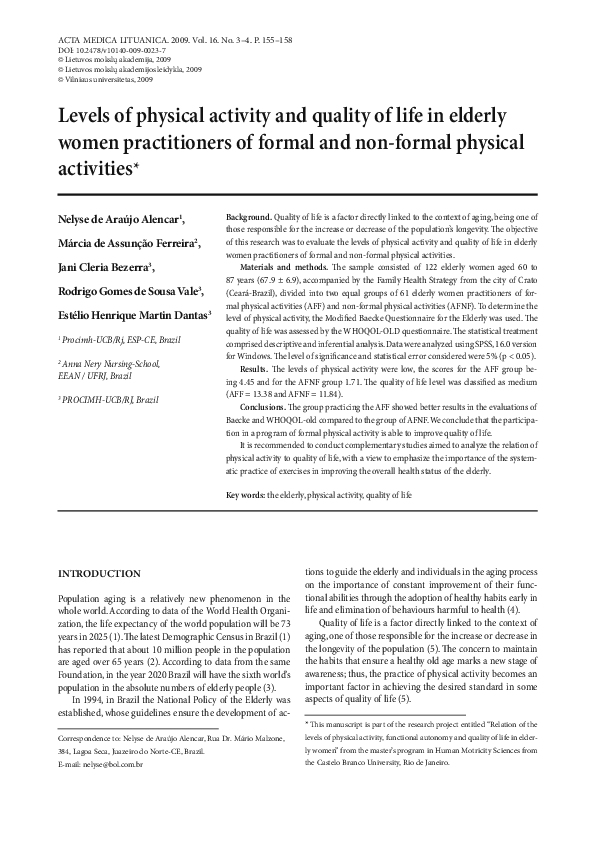 (PDF) Levels of physical activity and quality of life in elderly women ...