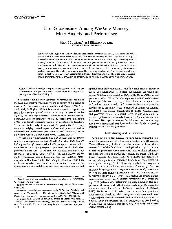 (PDF) The relationships among working memory, math anxiety, and performance
