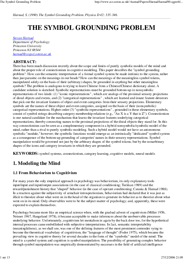 (PDF) The symbol grounding problem Stevan Harnad Academia.edu