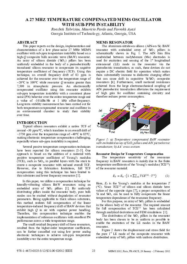 (PDF) A 27 MHZ TEMPERATURE COMPENSATED MEMS OSCILLATOR WITH SUBPPM