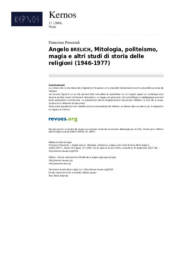 (PDF) Angelo Brelich, Mitologia, politeismo, magia e altri studi di