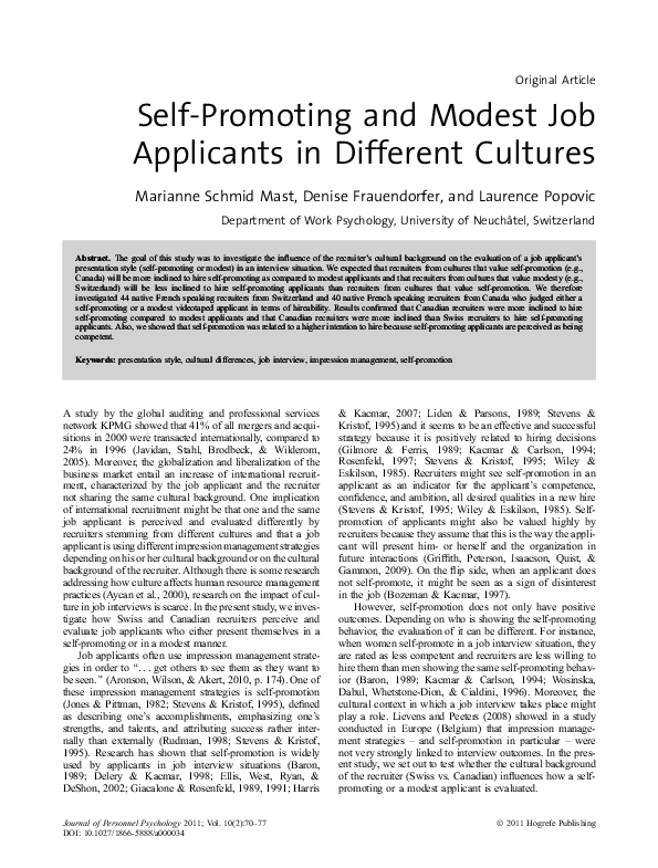 (PDF) Self-Promoting and Modest Job Applicants in Different Cultures