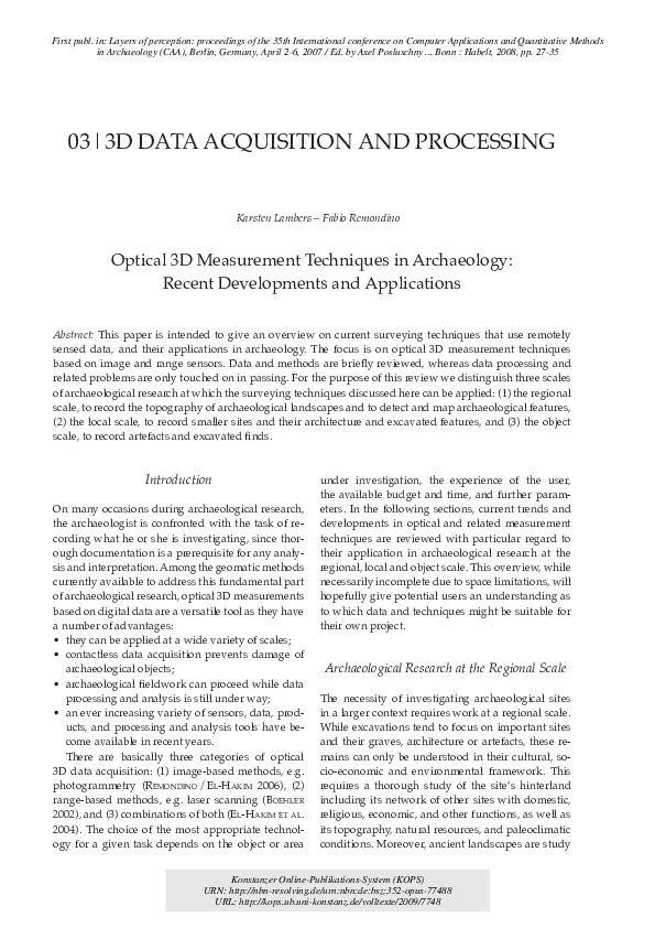 (PDF) Optical 3D Measurement Techniques in Archaeology Recent