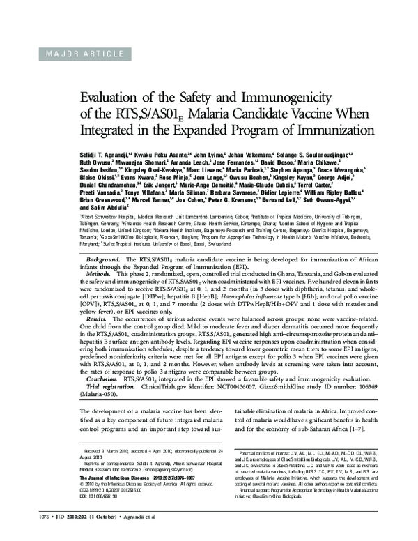 (PDF) Evaluation of the safety and immunogenicity of the RTS, S/AS01E ...