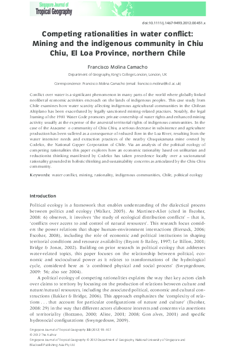 (PDF) 2012. Competing rationalities in water conflict: Mining and the ...