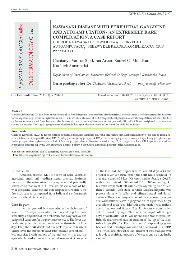 (PDF) Kawasaki disease with peripheral gangrene and autoamputationan