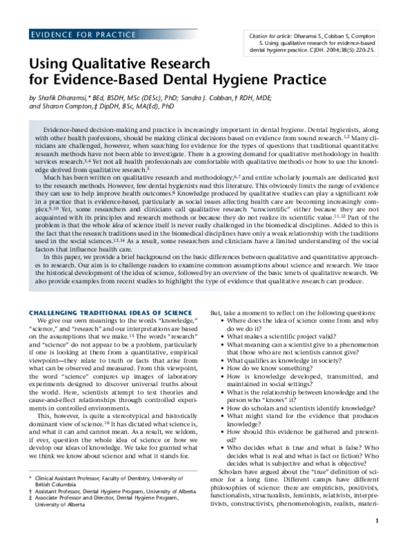 (PDF) Using qualitative research for evidencebased dental hygiene