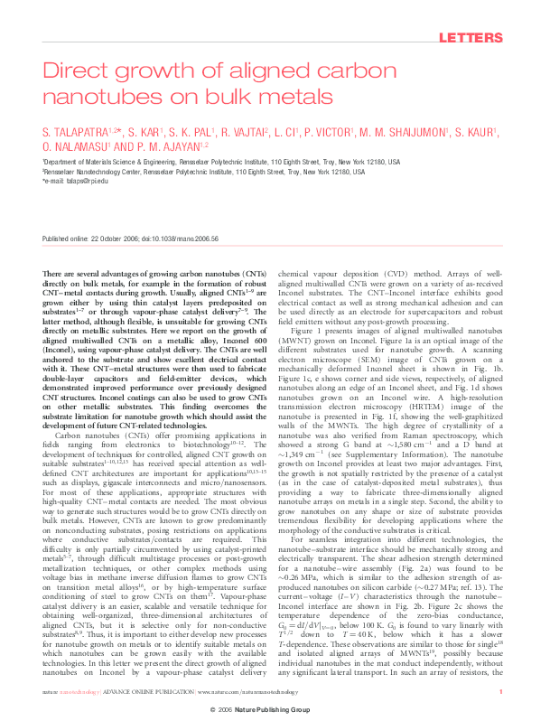 (PDF) Direct growth of aligned carbon nanotubes on bulk metals