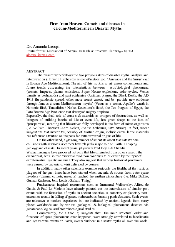 Fires from Heaven. Comets and diseases in circum-Mediterranean Disaster Myths