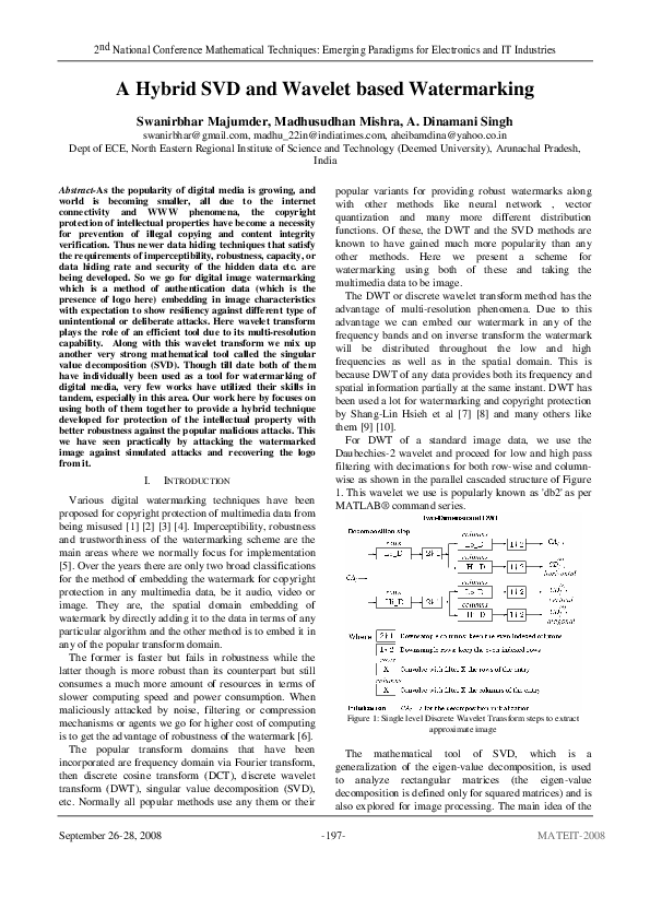 (PDF) 2008 A Hybrid SVD and Wavelet based Watermarking
