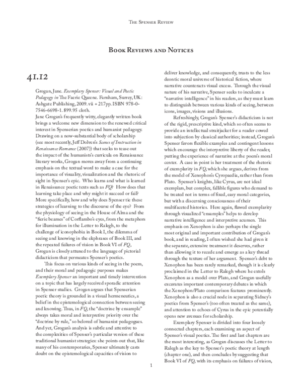 (PDF) Book Review Grogan, Jane. Exemplary Spenser Visual and Poetic Pedagogy in The Faerie