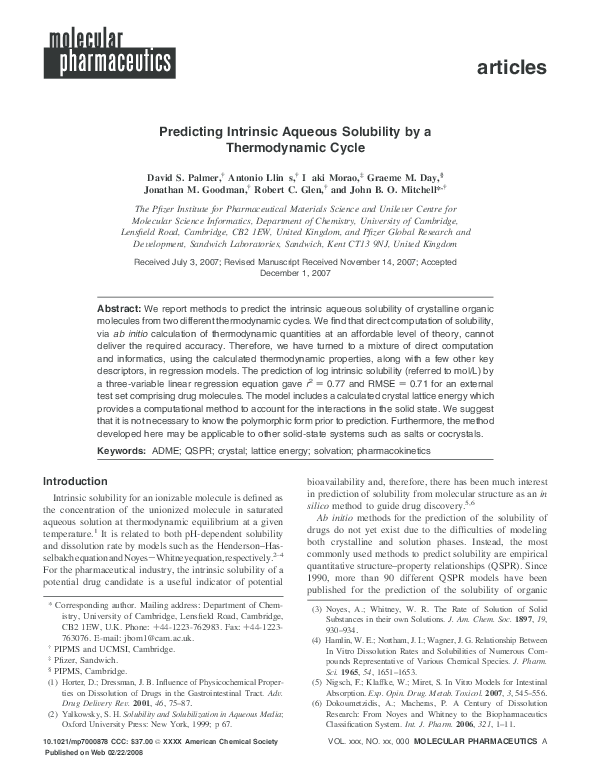 (PDF) Predicting intrinsic aqueous solubility by a thermodynamic cycle