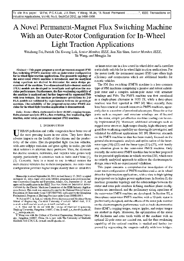 (PDF) A Novel Permanent-Magnet Flux Switching Machine With an Outer ...