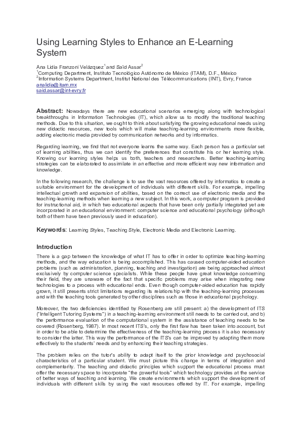 (PDF) Using Learning Styles to Enhance an e-Learning System