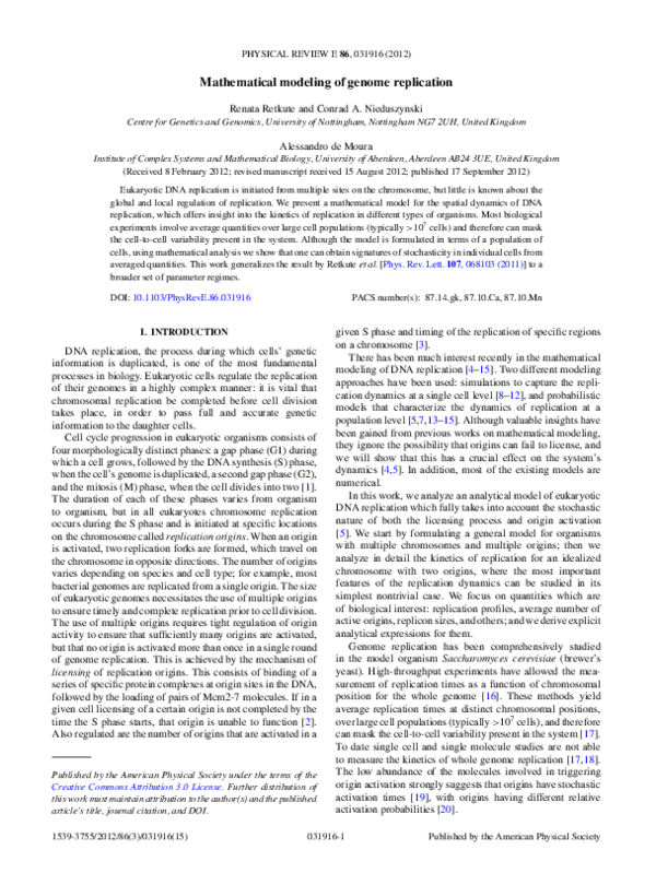 (PDF) Mathematical modeling of genome replication