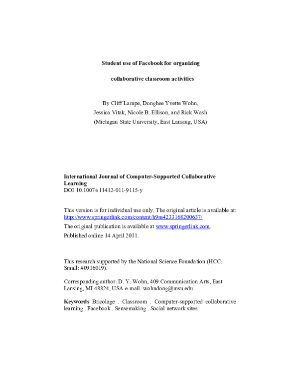 (PDF) Student use of Facebook for organizing collaborative classroom ...