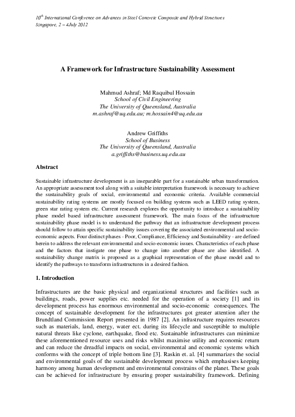 (DOC) A Framework for Infrastructure Sustainability Assessment