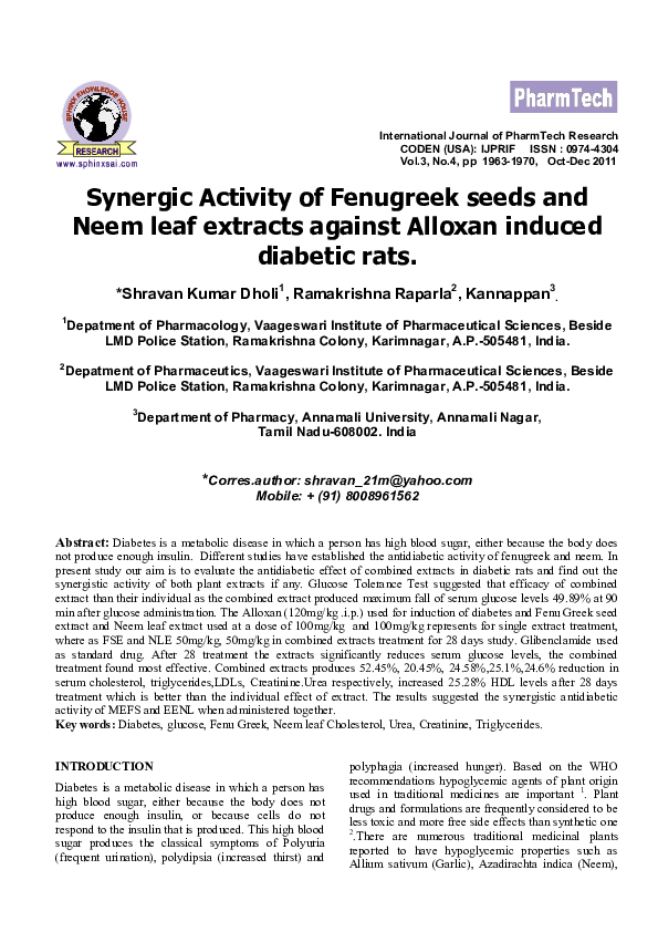 (PDF) Synergic Activity of Fenugreek seeds and Neem leaf extracts