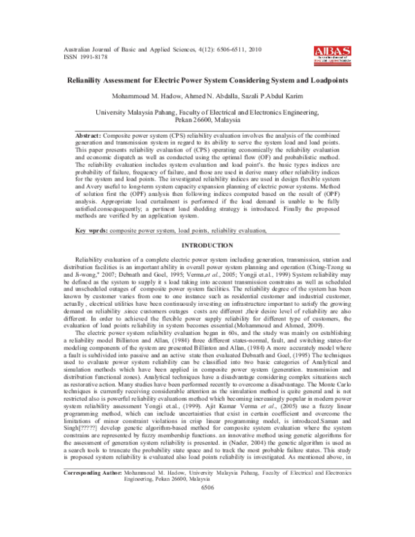 (PDF) Relianility Assessment for Electric Power System Considering ...