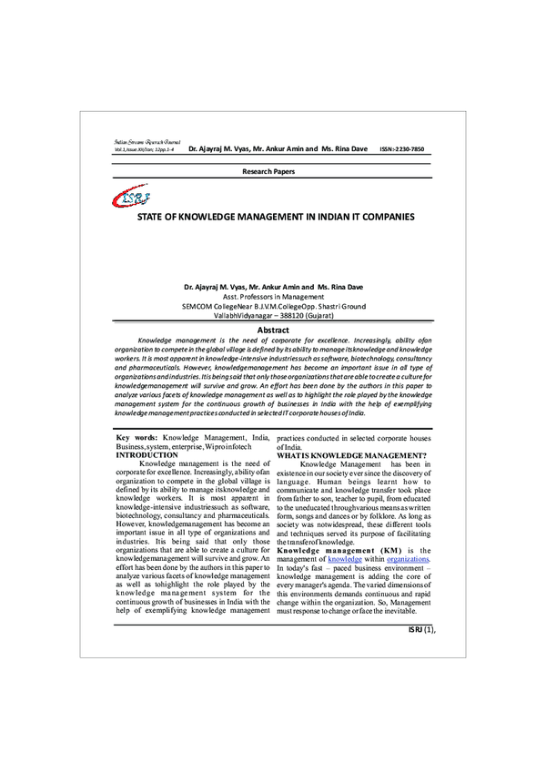(PDF) STATE OF KNOWLEDGE MANAGEMENT IN INDIAN IT COMPANIES