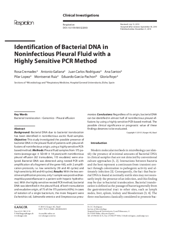 (PDF) Identification of Bacterial DNA in Noninfectious Pleural Fluid ...