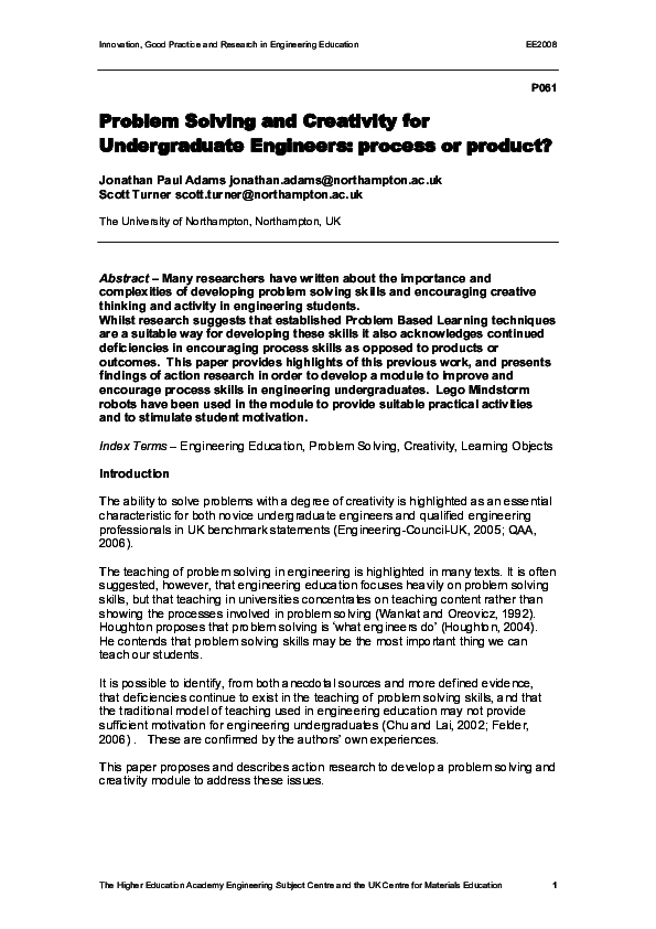 (PDF) Problem Solving and Creativity for Undergraduate Engineers ...