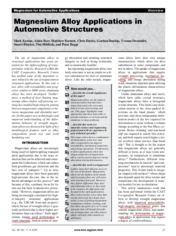 Pdf Magnesium Alloy Applications In Automotive Structures