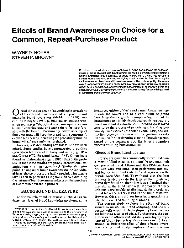 (PDF) Effects of brand awareness on choice for a common, repeat ...