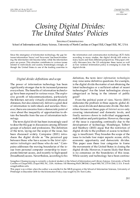(PDF) Closing digital divides The United States' policies Songphan Choemprayong Academia.edu
