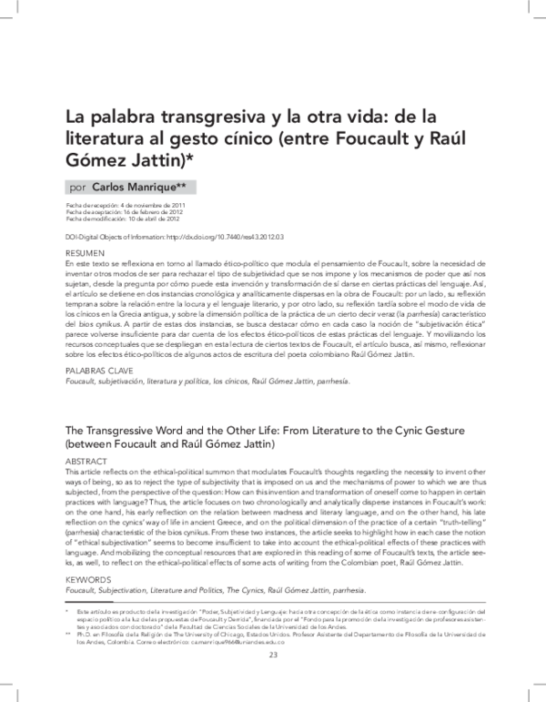 (PDF) La palabra transgresiva y la otra vida: de la literatura al gesto ...