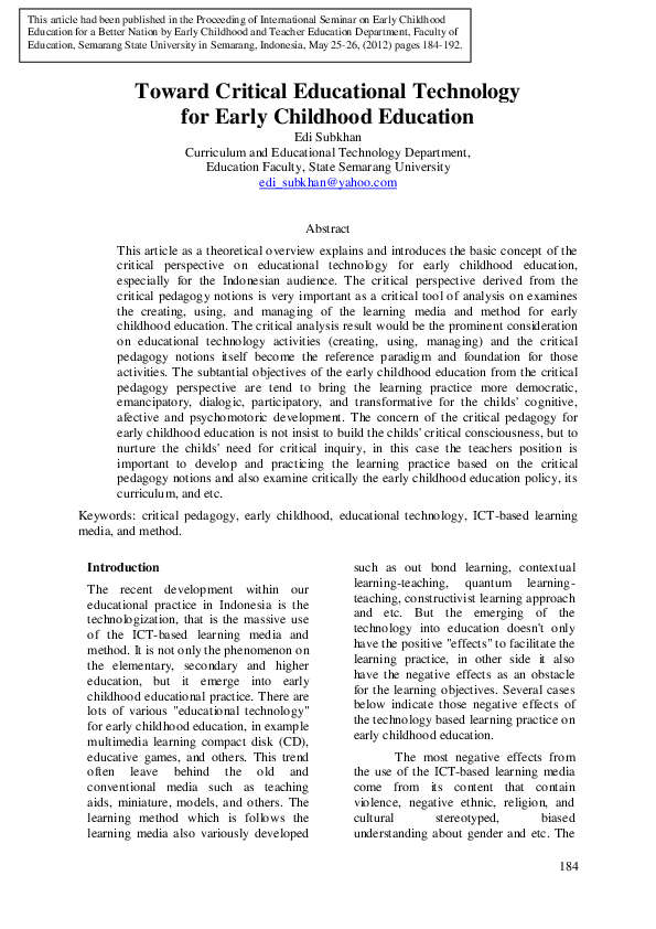 (PDF) Toward Critical Educational Technology for Early Childhood Education