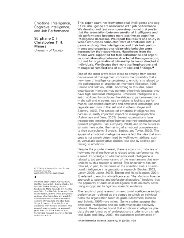 (PDF) Emotional intelligence, cognitive intelligence, and job performance