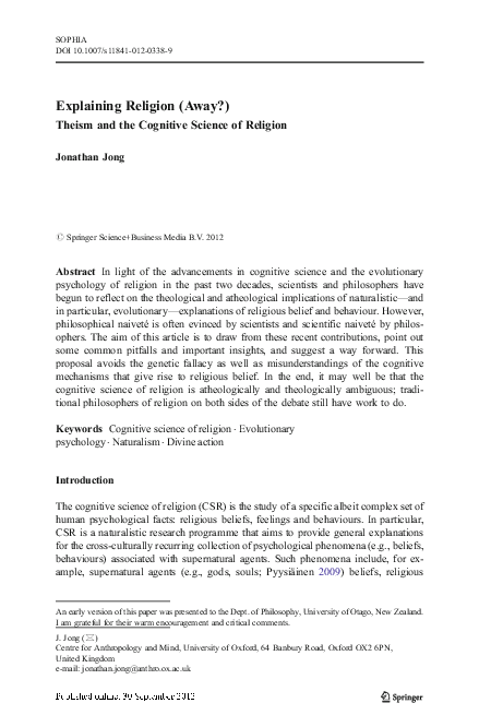 (PDF) Explaining religion (away?): Theism and the cognitive science of ...
