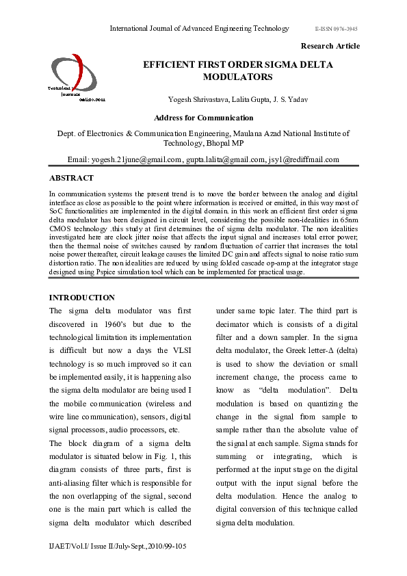 (PDF) EFFICIENT FIRST ORDER SIGMA DELTA MODULATORS