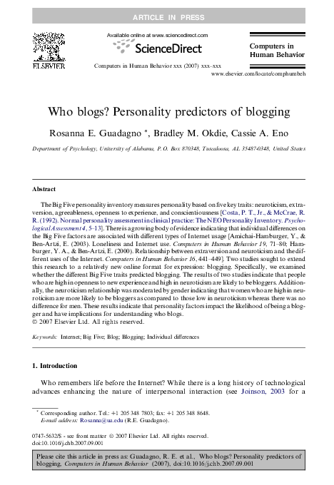 (PDF) Who blogs? Personality predictors of blogging