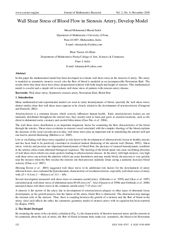 (PDF) Wall Shear Stress of Blood Flow in Stenosis Artery, Develop Model