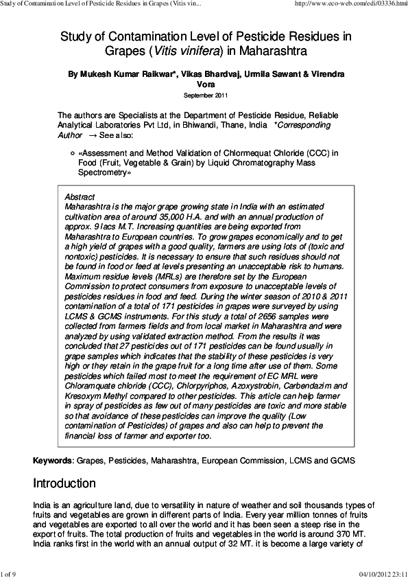 (PDF) Pesticide residue Contamination in Grapes Virendra Vora