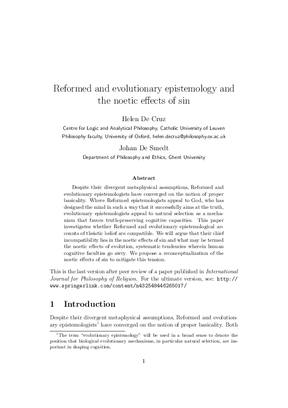 (PDF) Reformed and evolutionary epistemology and the noetic effects of sin