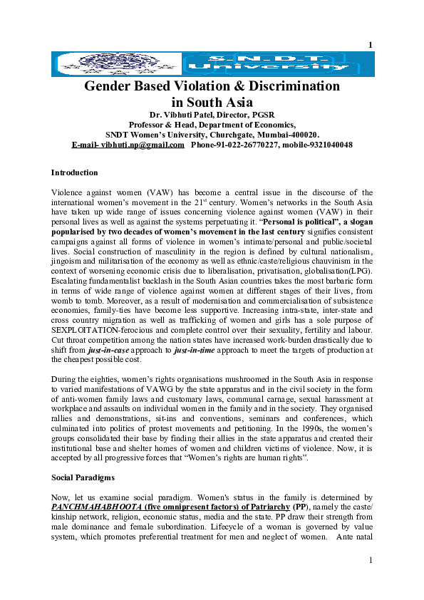 Gender Based Violation & Discrimination  in South Asia  Dr. Vibhuti Patel, Director, PGSR