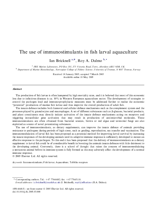 (PDF) The use of immunostimulants in fish larval aquaculture