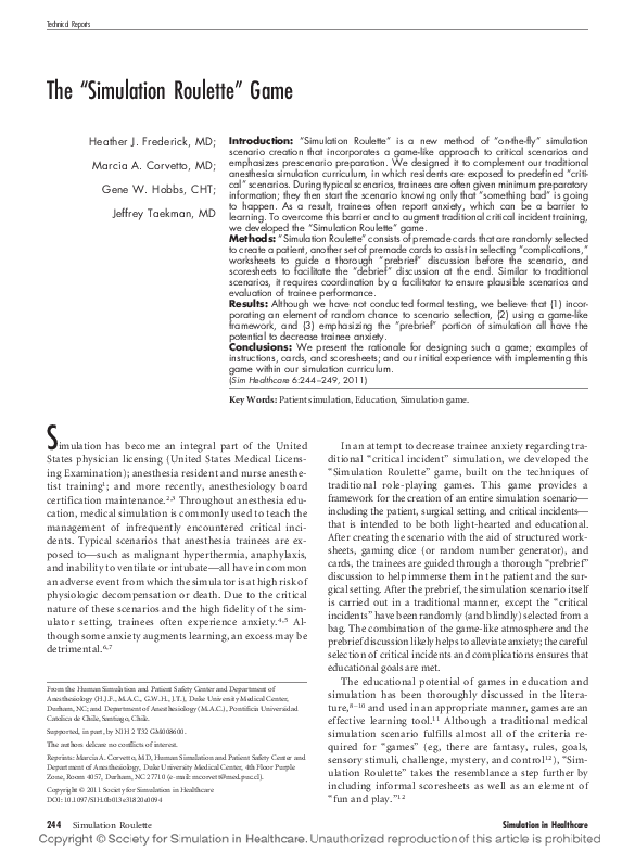 (PDF) The “Simulation Roulette” Game