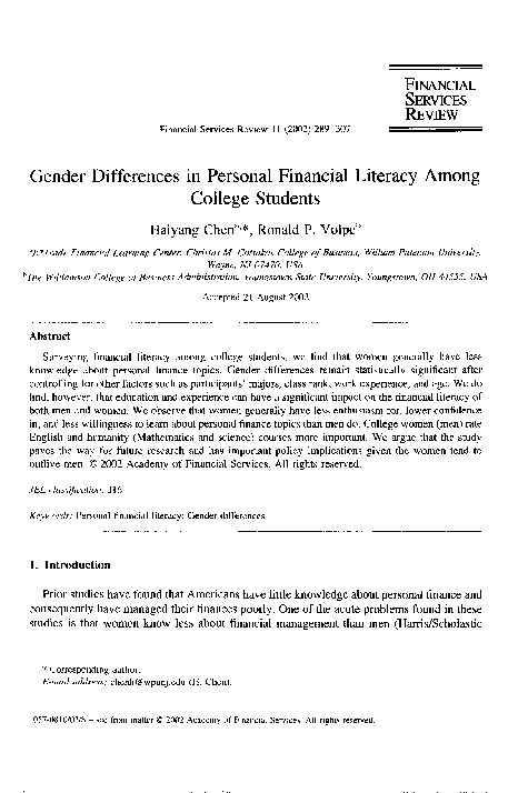 (PDF) Gender differences in personal financial literacy among college ...