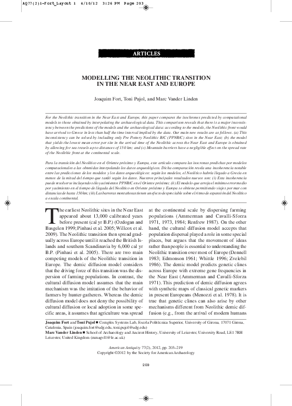 (PDF) Modelling the Neolithic Transition in the Near East and Europe